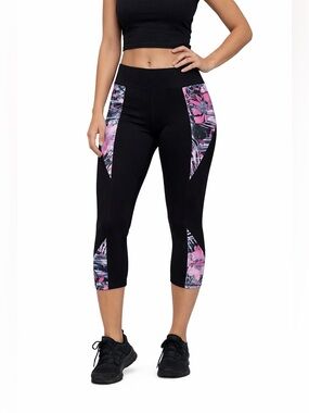 rbx leggings black with pink floral design sides